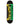 A skateboard deck shown vertically against a plain white background. The deck has a black wood-grain base with a large, stylized vertical logo in yellow, green, and blue gradient.