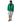 A man modeling a bright green hooded jacket over a black shirt, paired with light gray shorts, black sneakers, and a dark baseball cap, against a plain white background.