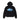A black pullover hoodie shown from the back, featuring a large Stüssy logo graphic printed in blue and white on the center back.