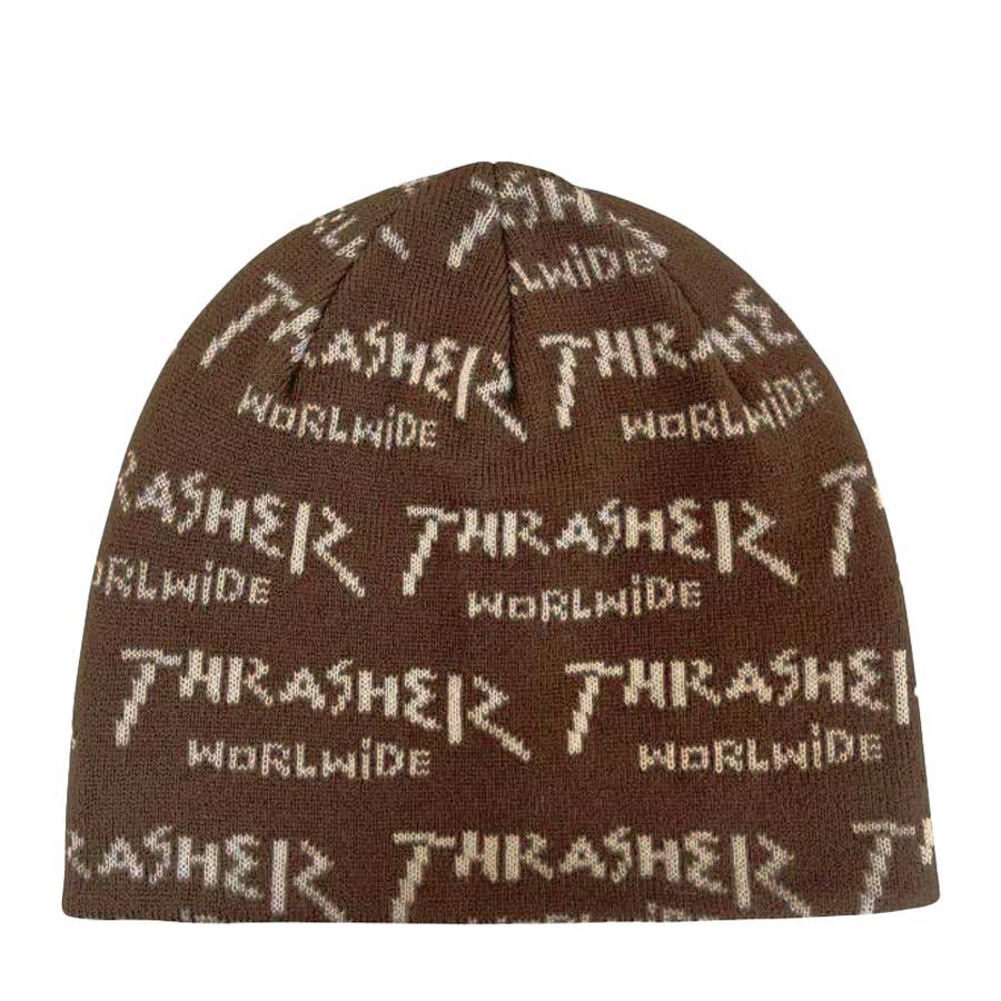 Brown beanie with 'Thrasher' logo pattern on a white background