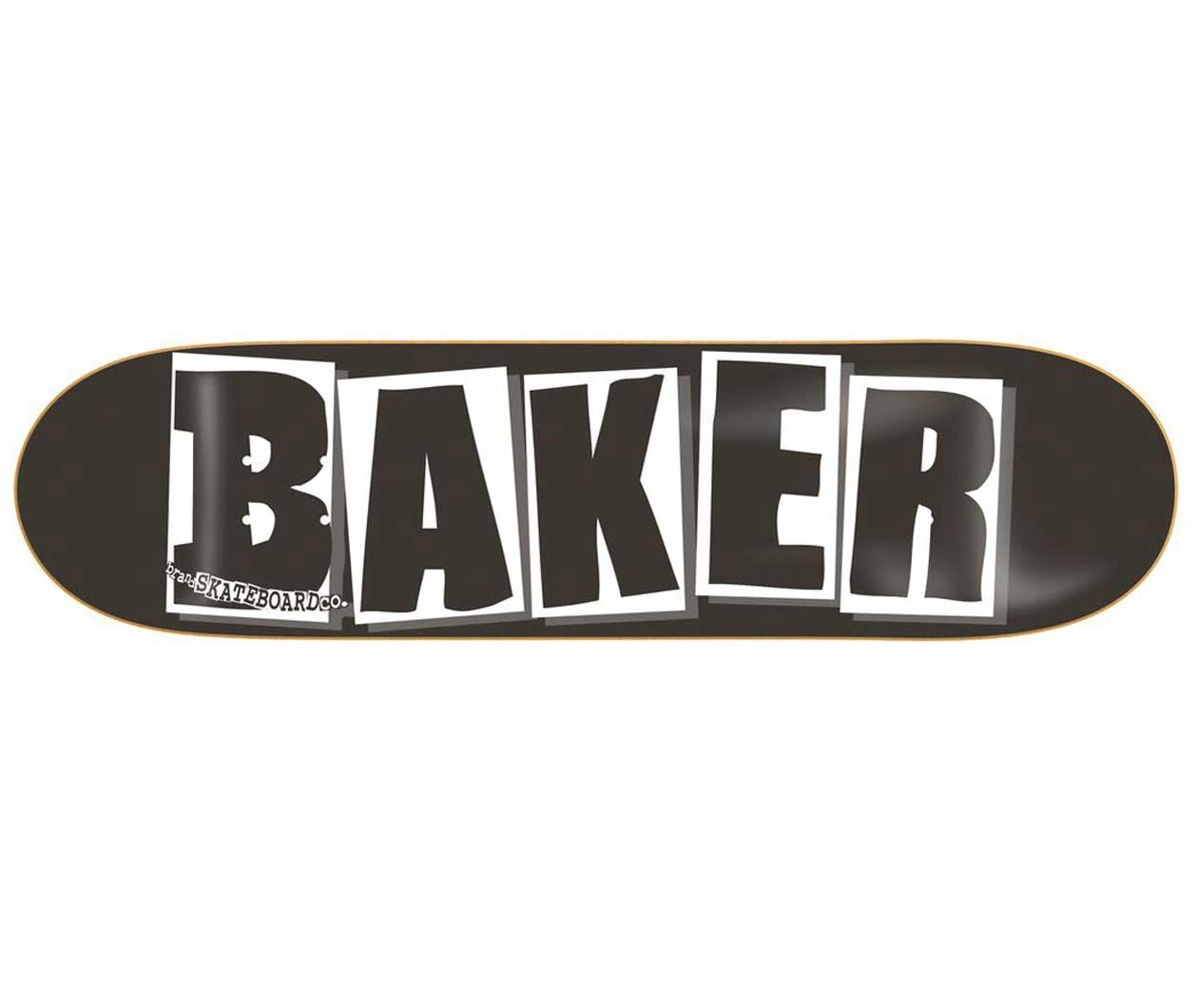 Black skateboard deck with 'Baker' logo on a white background in size 8.25"