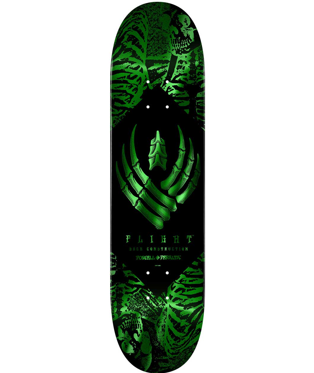 Skateboard deck with green and black design on a white background