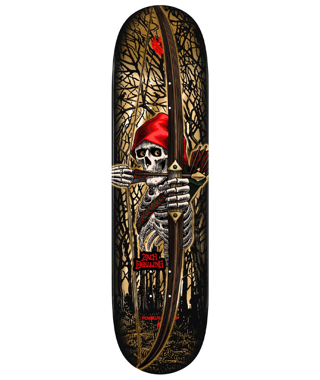 Skateboard deck with skeleton and red hat design on a white background