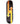 A skateboard deck featuring a dark wood-grain background with a graphic design of two arrows forming a loop. One arrow is orange with a white hand symbol, and the other is yellow with a small white figure symbol.