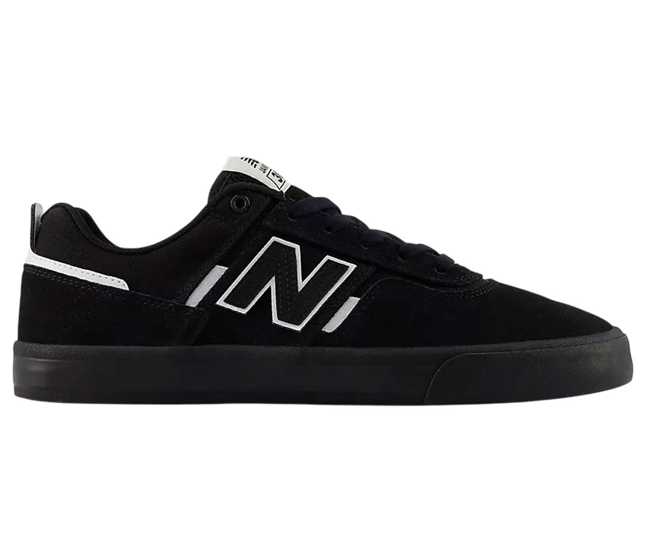 Black Adidas sneaker with three stripes on a white background