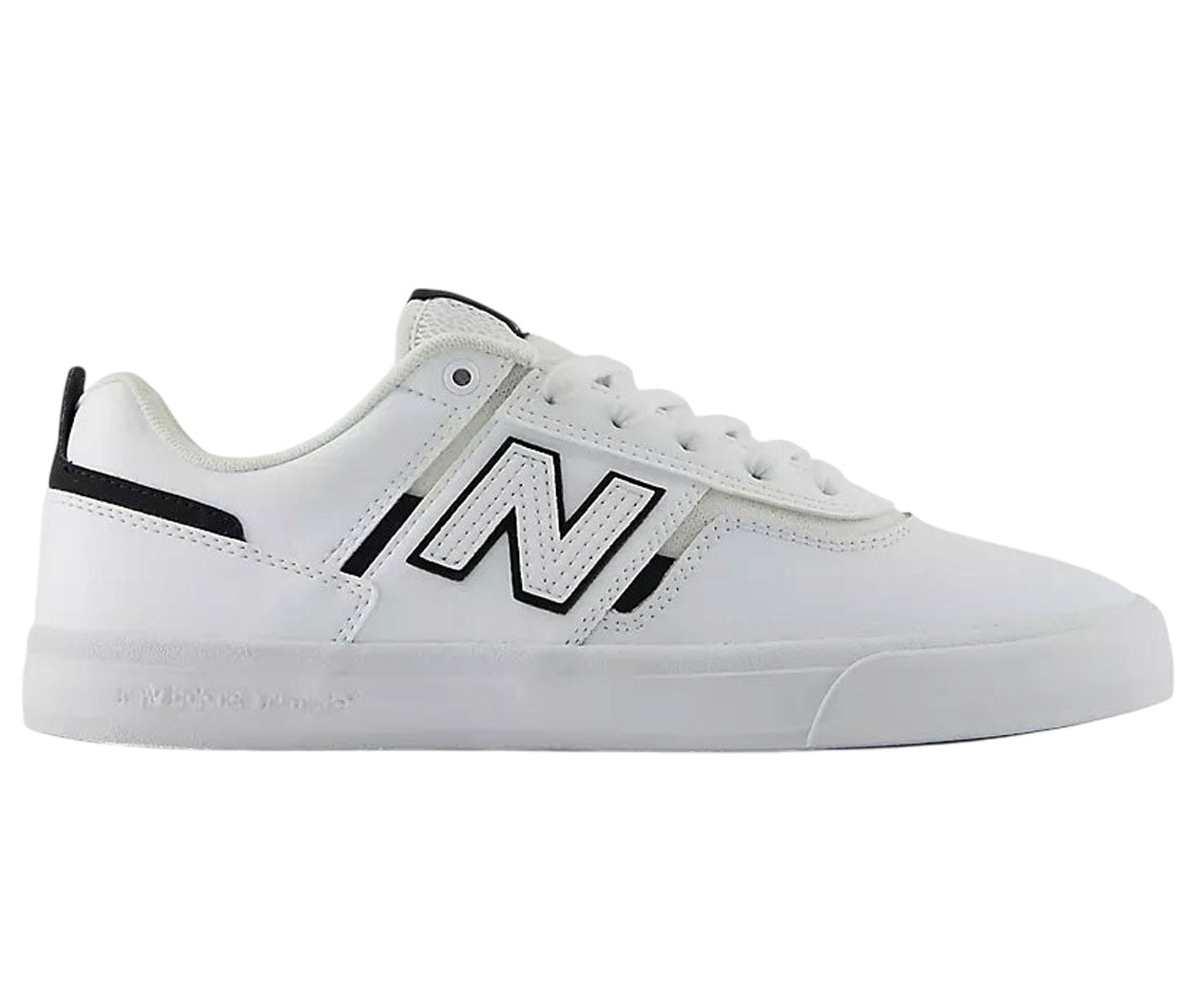 A white New Balance sneaker with black accents, featuring the signature 'N' logo on the side, white laces, and a white rubber sole, shown against a plain white background.