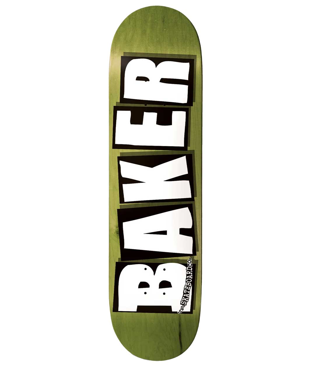 Green skateboard deck with 'Baker' logo on a white background