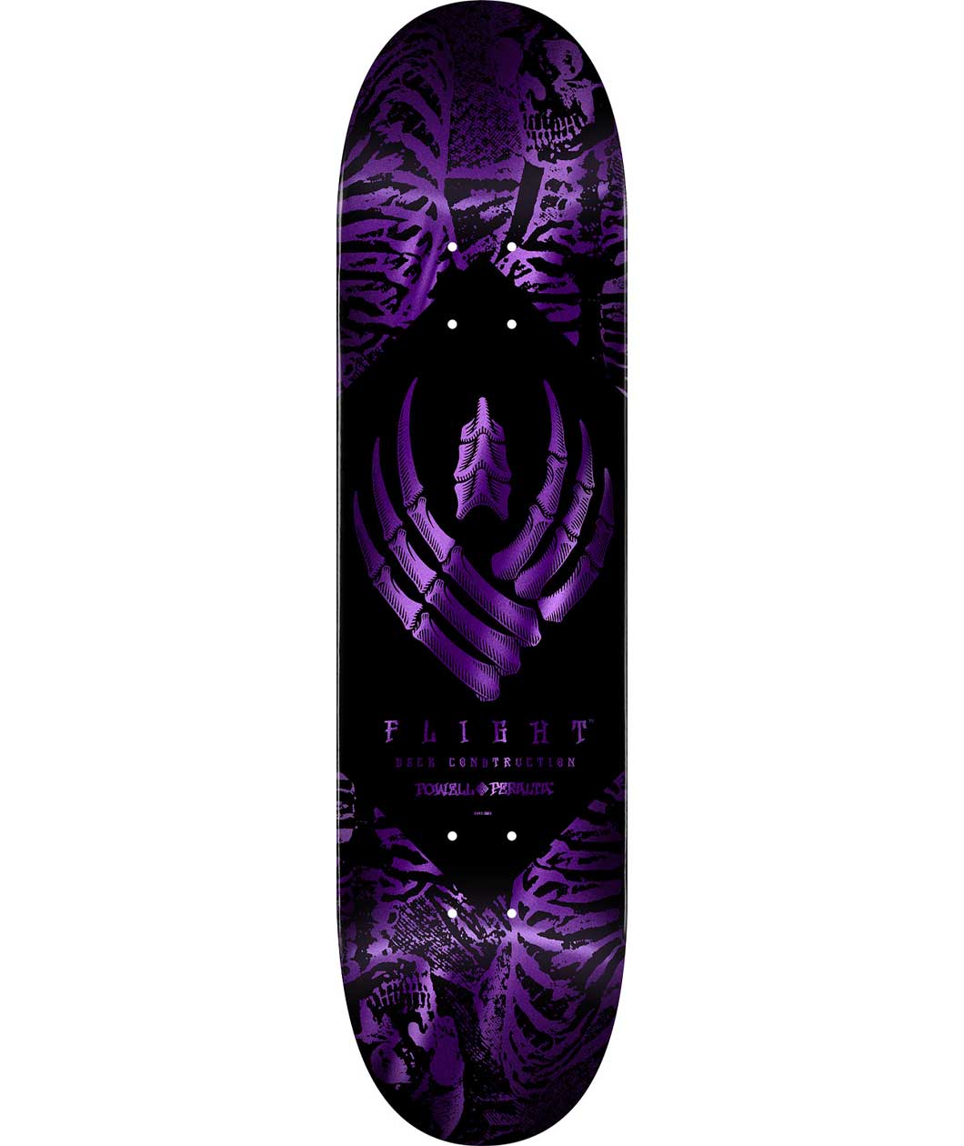 Skateboard deck with purple and black design on a white background